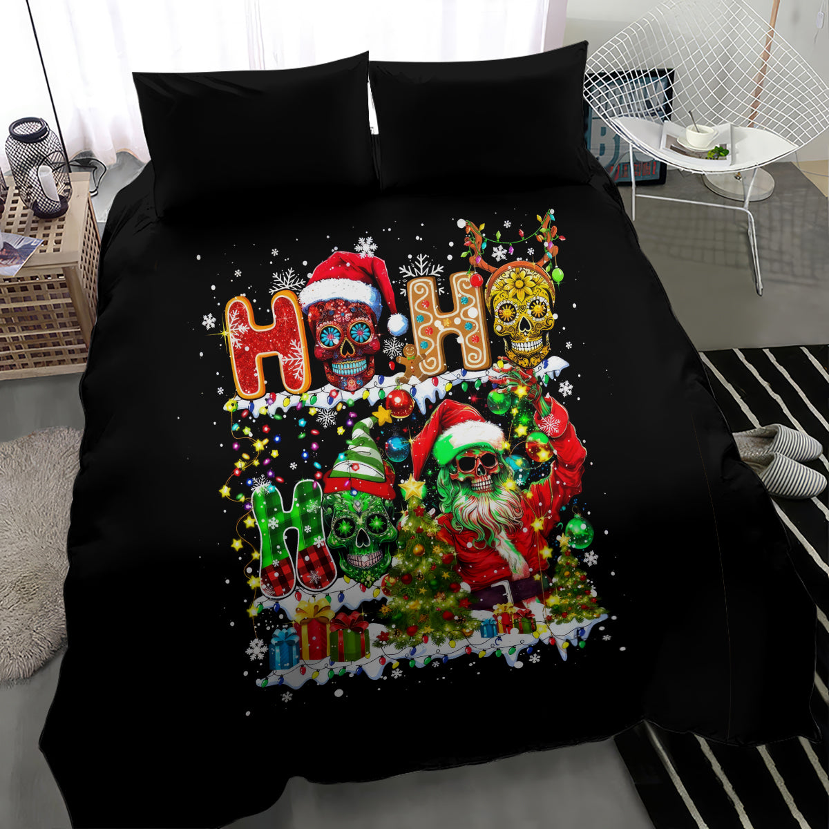 Black bedding set featuring colorful holiday skull and Santa design on duvet and pillows