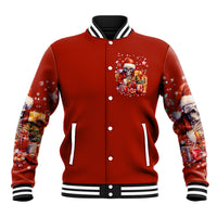Red button-up baseball jacket with skeleton Santa graphic on chest, striped collar