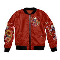 Red bomber jacket with zip front, ribbed hem, skeleton Santa graphic on chest
