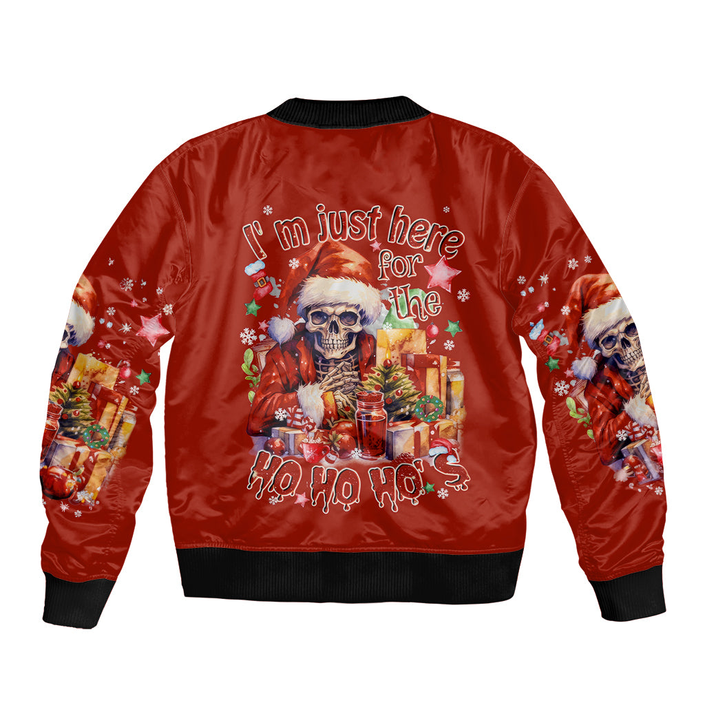Red bomber jacket with ribbed collar and skeleton Santa graphic on back, full sleeves