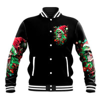 Black baseball jacket with button front and front Santa skull graphic; striped collar/cuffs