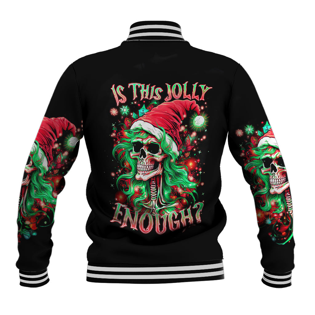 Black baseball jacket with Santa skull graphic and 'Is this jolly enough?' back print
