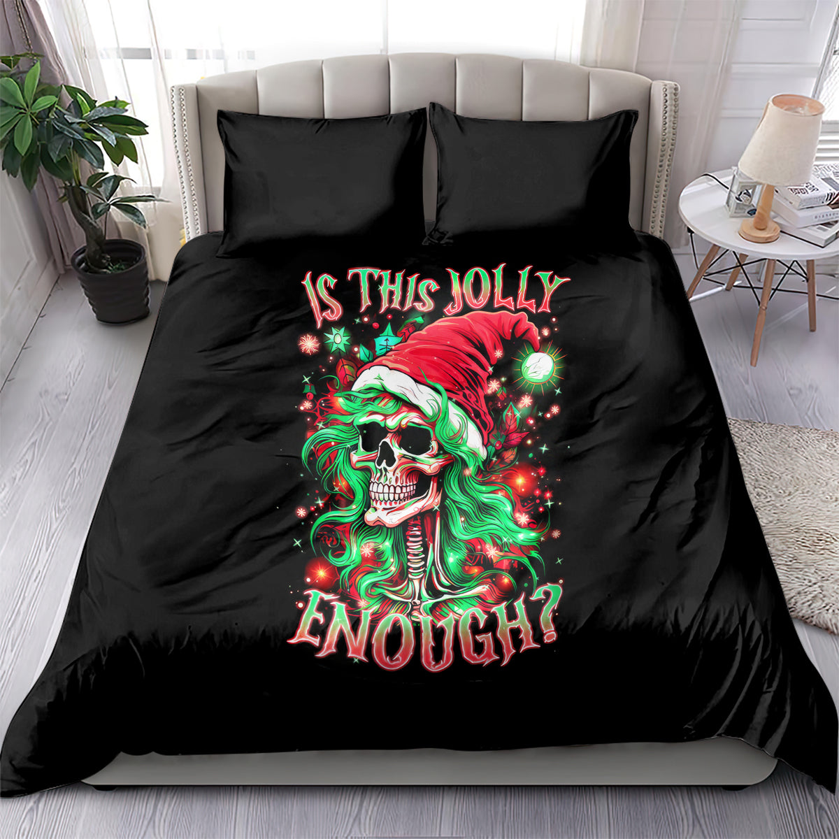 Black kids bedding set with red Santa skull girl graphic text and 2 pillowcases