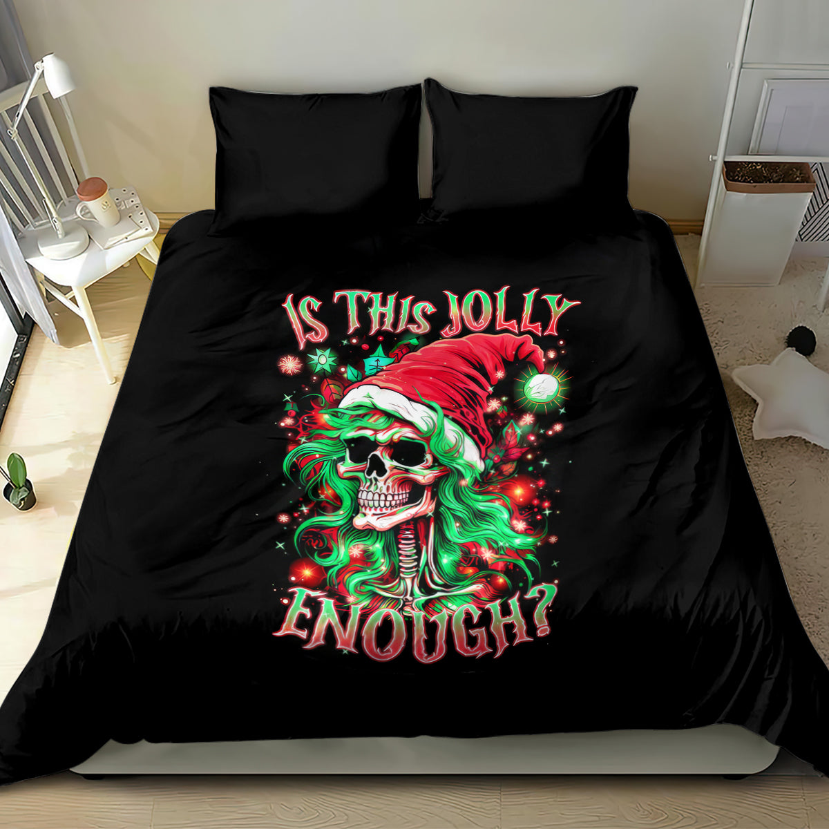 Black kids duvet bedding set with skull Santa girl graphic and matching pillowcases