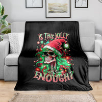 Black blanket draped on a couch, skull Santa girl art with "Is This Jolly Enough?"