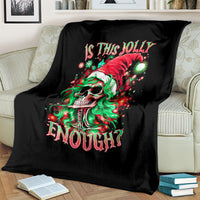 Black blanket with skull Santa girl graphic, green hair and red hat; "Is This Jolly Enough?"