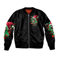 Black bomber jacket front with zip closure, skull Santa graphic on chest and sleeves
