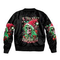 Black bomber jacket with back skull Santa graphic, ribbed collar and cuffs