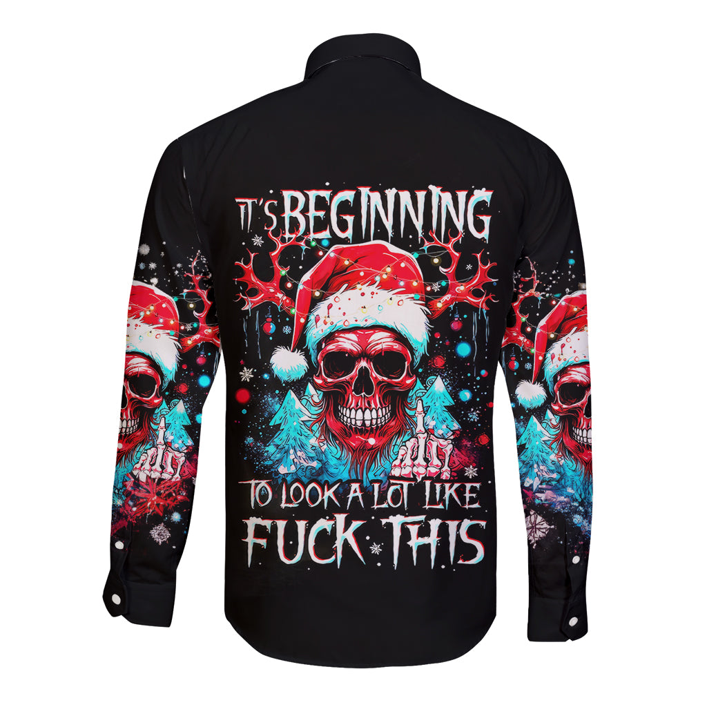 Skull Santa Claus Long Sleeve Button Shirt It's Beginning To Look A Lot Like Fuck This - Wonder Print Shop