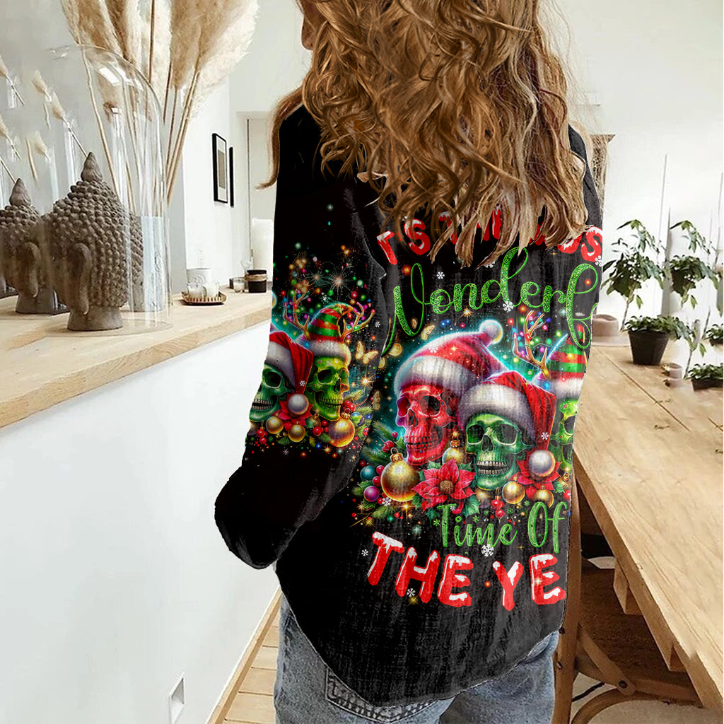 skull-santa-claus-women-casual-shirt-its-the-most-time-of-the-year