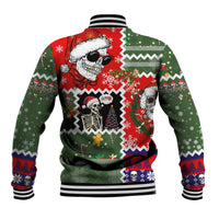 Red/green Christmas varsity jacket with skeleton Santa skull art, striped collar and cuffs