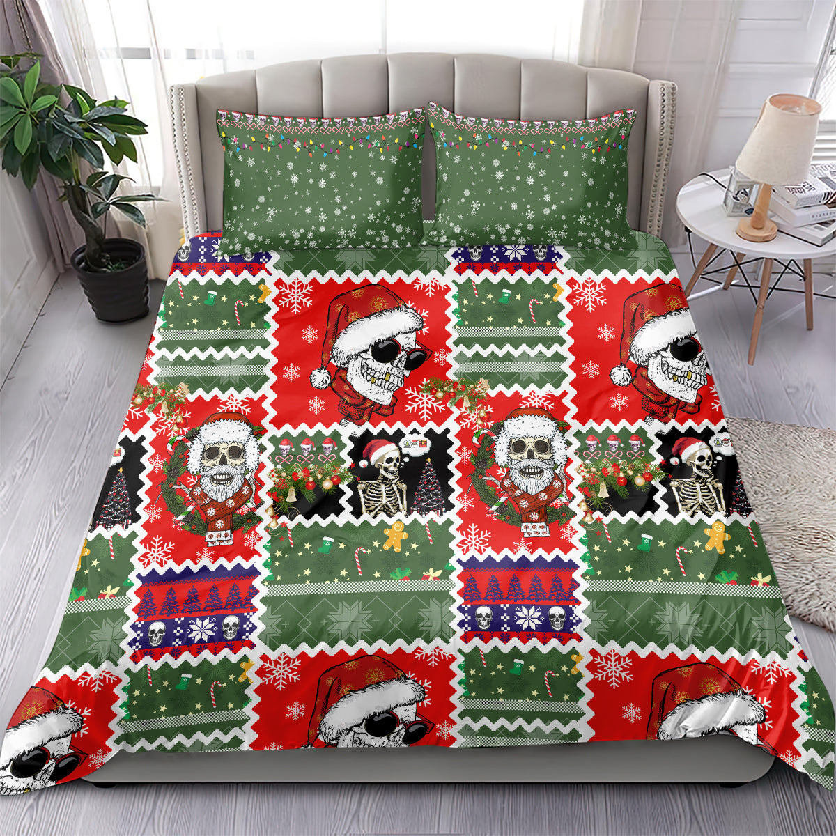 Skeleton Santa Christmas bedding set on bed: green-and-red duvet with 2 pillowcases
