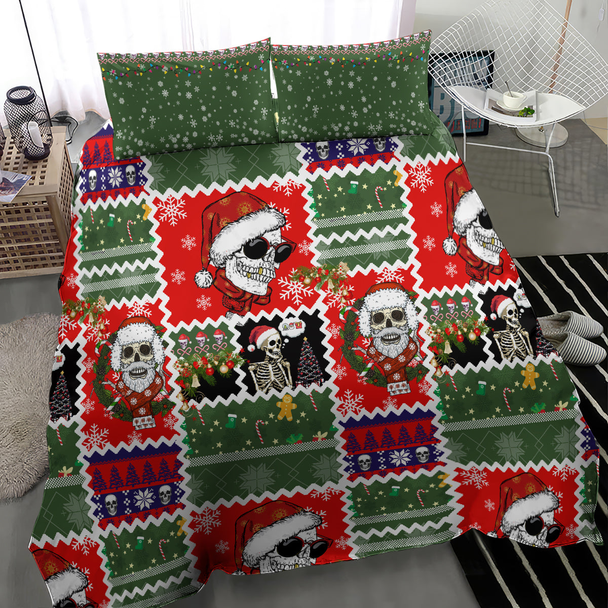Skeleton Santa Christmas duvet cover set in green and red with skull figure print