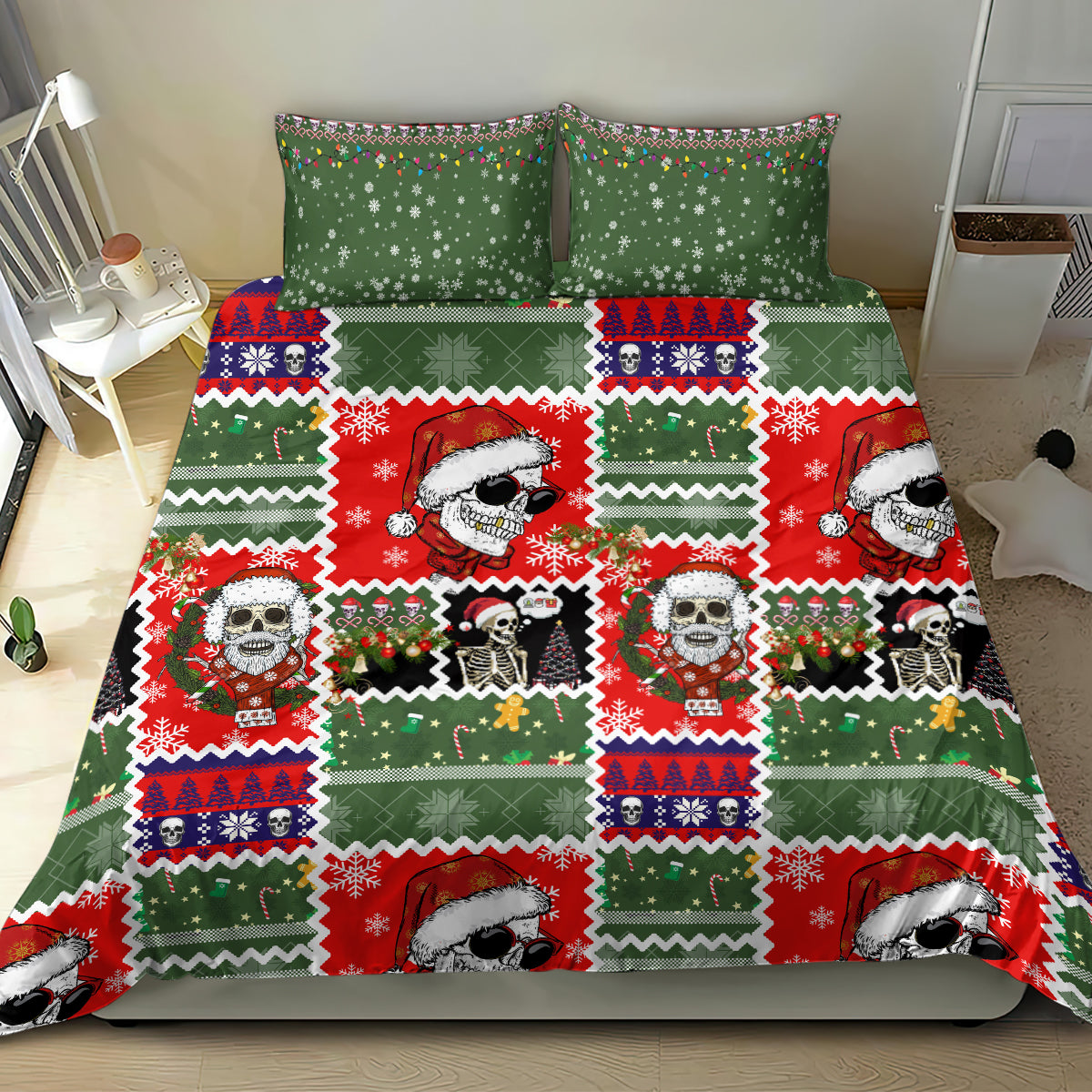 Skeleton Santa Christmas bedding set, green-and-red duvet cover with coordinating pillowcases