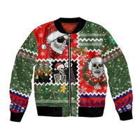 Unisex bomber jacket with red-green holiday skull and skeleton Santa graphic, front zip