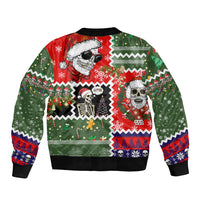 Unisex bomber jacket, green-and-red ugly Christmas skull print with ribbed hem and cuffs