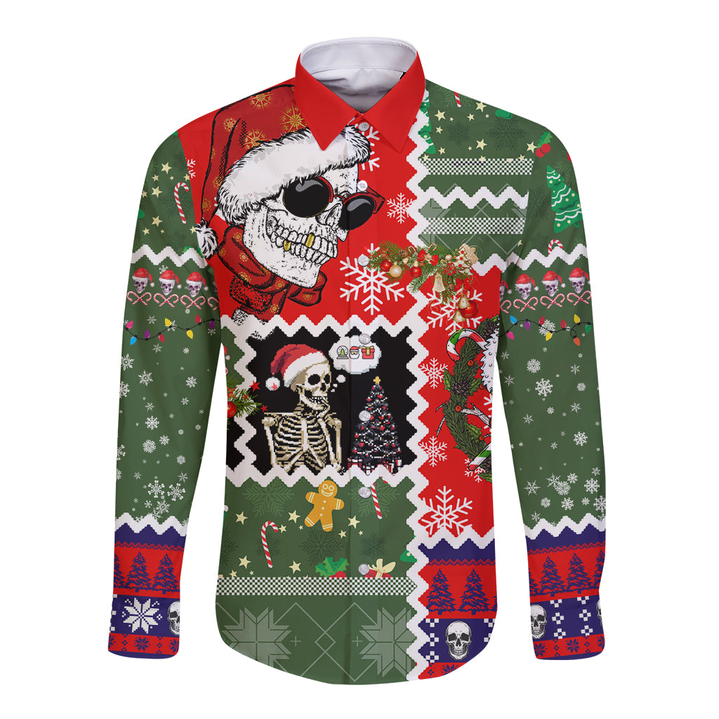 Skeleton Santa Claus Long Sleeve Button Shirt Moodboard Skull Ugly Christmas - Wonder Print Shop