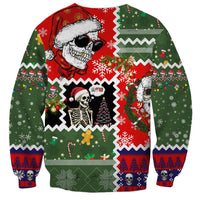 Unisex red/green patchwork skeleton Santa sweatshirt with skull, snowflakes, and festive sleeves