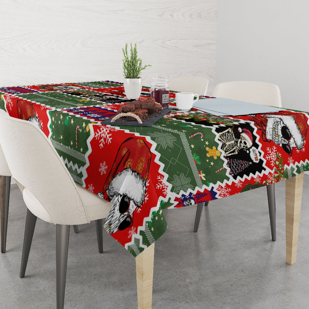 Christmas tablecloth over dining table with skull Santa, red green and white