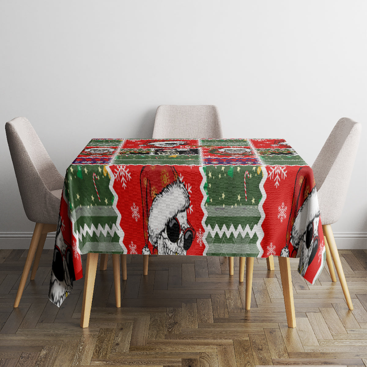 Christmas tablecloth on table with red and green skull Santa print