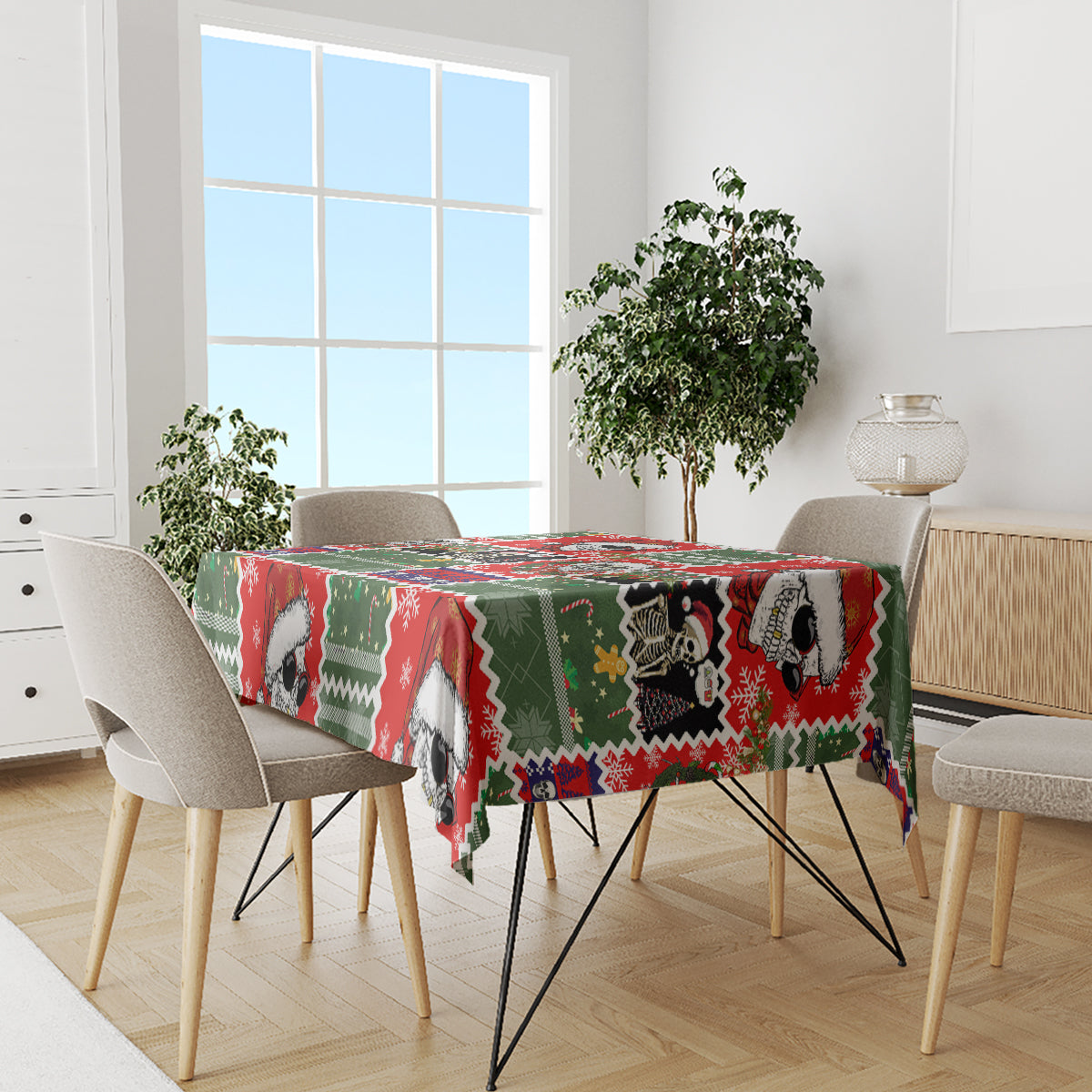 Christmas tablecloth on dining table with skull Santa red green pattern