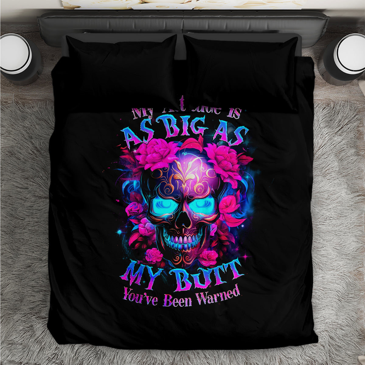 Black bedding set with matching pillowcases, colorful sugar skull roses, 'You've Been Warned' text