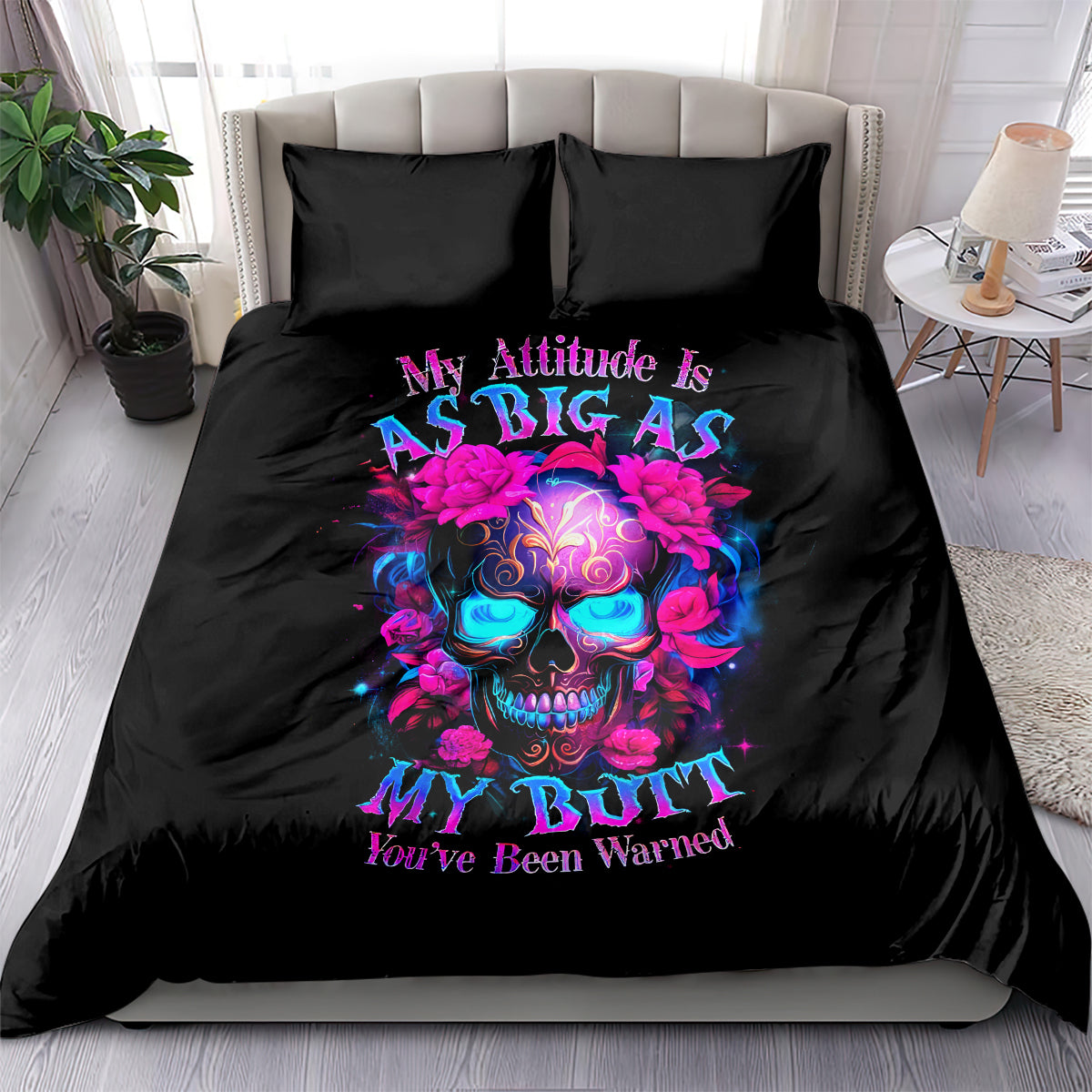 Black duvet cover and pillowcases featuring a colorful sugar skull with roses and attitude text