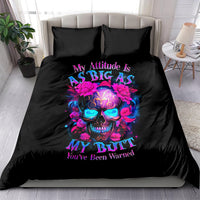 Black duvet cover and pillowcases featuring a colorful sugar skull with roses and attitude text