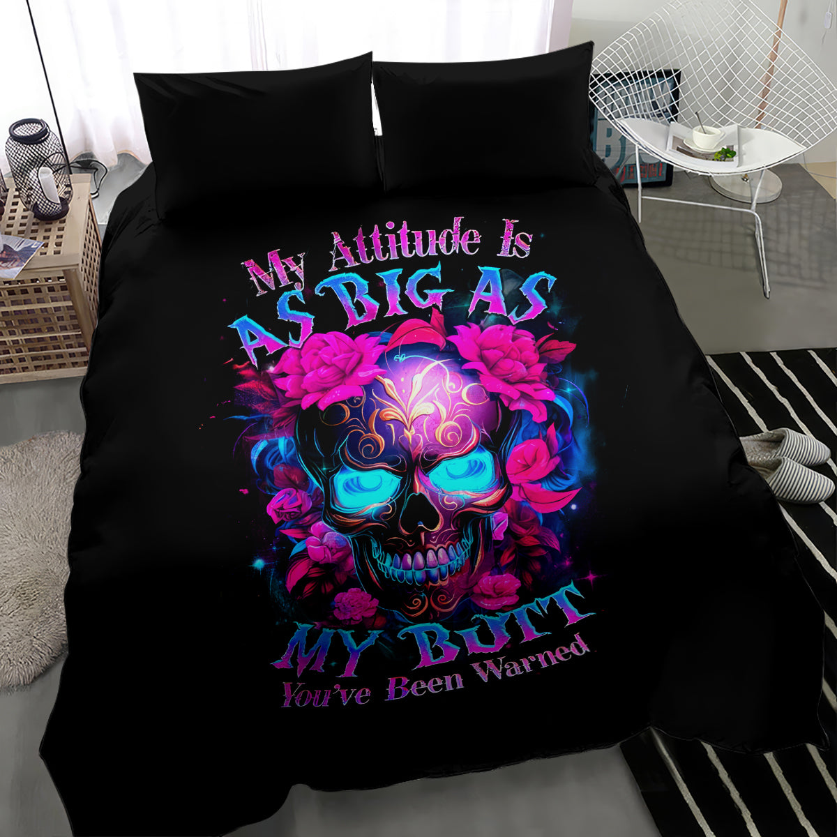 Black bedding set with two pillowcases and central sugar skull graphic in bright blue and pink