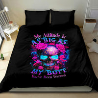 Black bedding set with matching pillowcases, colorful skull rose artwork and warning slogan text