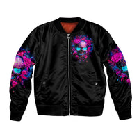 Black satin bomber jacket, front zip with colorful skull and rose patch, ribbed hem