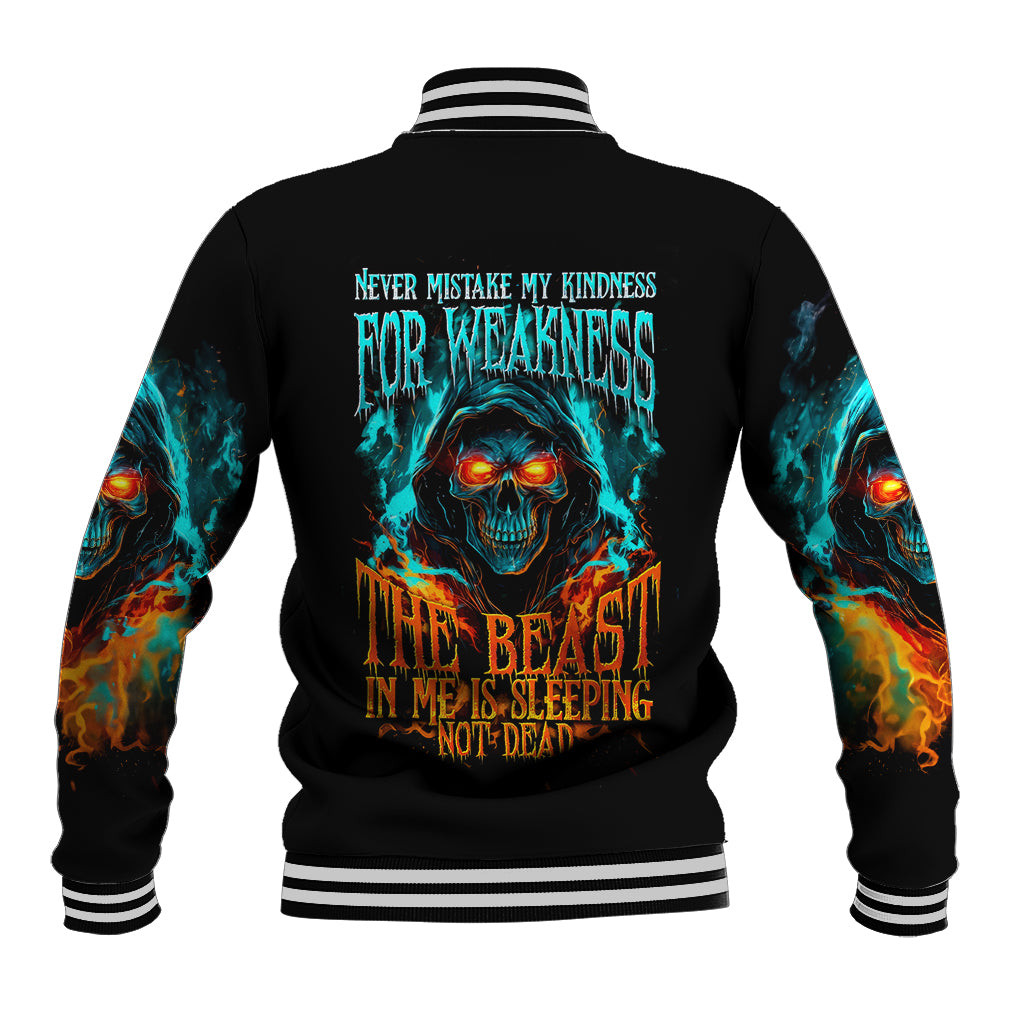 Flame Skull Baseball Jacket Never Mistake My Kindness For Weakness The Beast In Me Is Sleeping Noe Dead - Wonder Print Shop