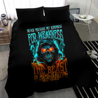 Black duvet and pillow set with blue-orange flaming skull graphic and quote text