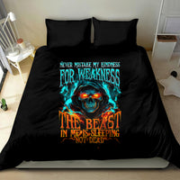 Black bedding set with flaming skull graphic and quote text, centered on bed with two pillows