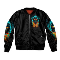 Black zip-up bomber jacket with flame skull graphic on chest, ribbed hem and cuffs