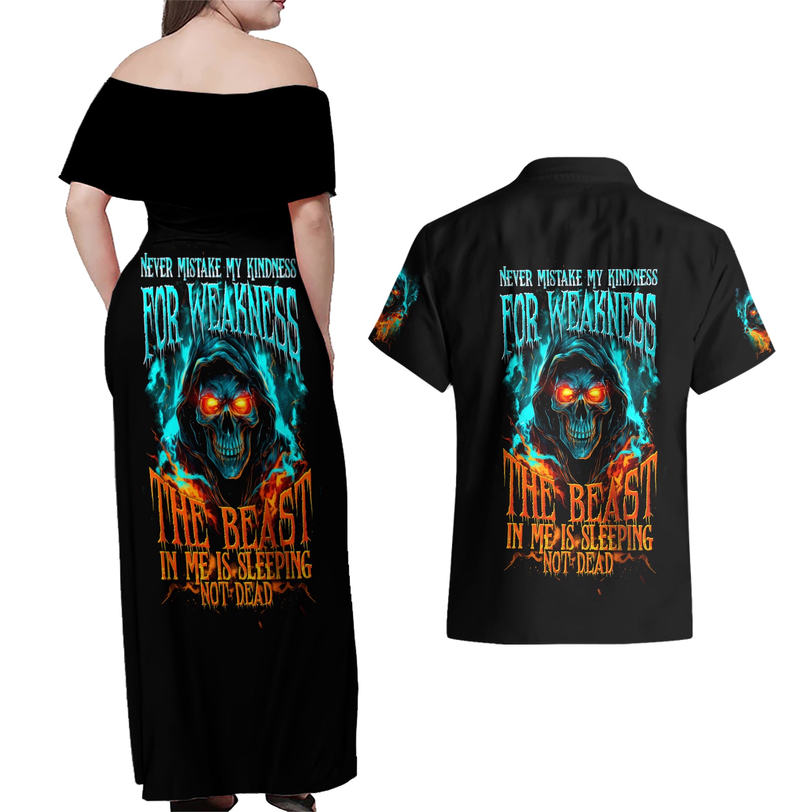 Flame Skull Couples Matching Off Shoulder Maxi Dress and Hawaiian Shirt Never Mistake My Kindness For Weakness The Beast In Me Is Sleeping Noe Dead - Wonder Print Shop