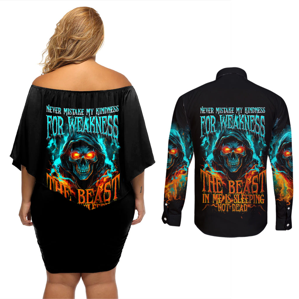 Flame Skull Couples Matching Off Shoulder Short Dress and Long Sleeve Button Shirt Never Mistake My Kindness For Weakness The Beast In Me Is Sleeping Noe Dead - Wonder Print Shop