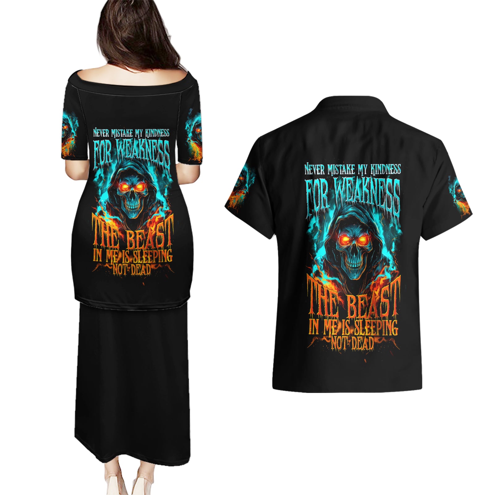 Flame Skull Couples Matching Puletasi Dress and Hawaiian Shirt Never Mistake My Kindness For Weakness The Beast In Me Is Sleeping Noe Dead - Wonder Print Shop