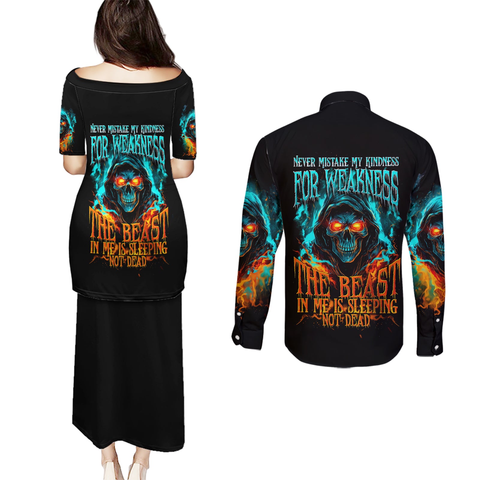 Flame Skull Couples Matching Puletasi Dress and Long Sleeve Button Shirt Never Mistake My Kindness For Weakness The Beast In Me Is Sleeping Noe Dead - Wonder Print Shop