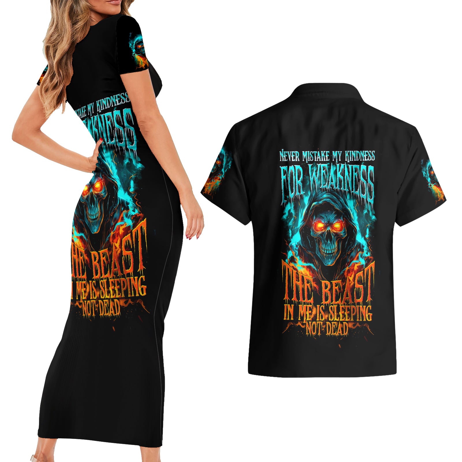 Flame Skull Couples Matching Short Sleeve Bodycon Dress and Hawaiian Shirt Never Mistake My Kindness For Weakness The Beast In Me Is Sleeping Noe Dead - Wonder Print Shop