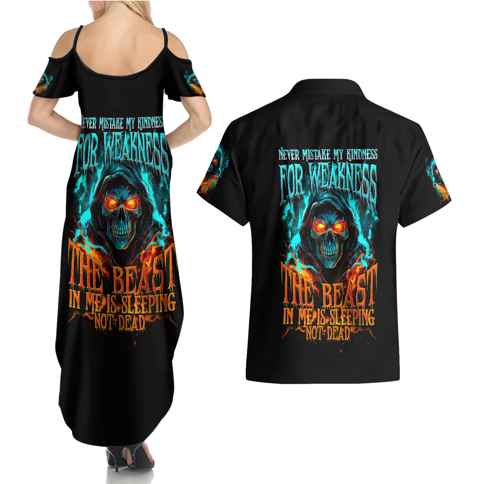 Flame Skull Couples Matching Summer Maxi Dress and Hawaiian Shirt Never Mistake My Kindness For Weakness The Beast In Me Is Sleeping Noe Dead - Wonder Print Shop