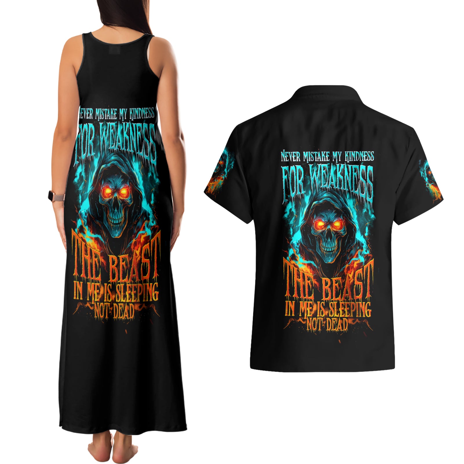 Flame Skull Couples Matching Tank Maxi Dress and Hawaiian Shirt Never Mistake My Kindness For Weakness The Beast In Me Is Sleeping Noe Dead - Wonder Print Shop