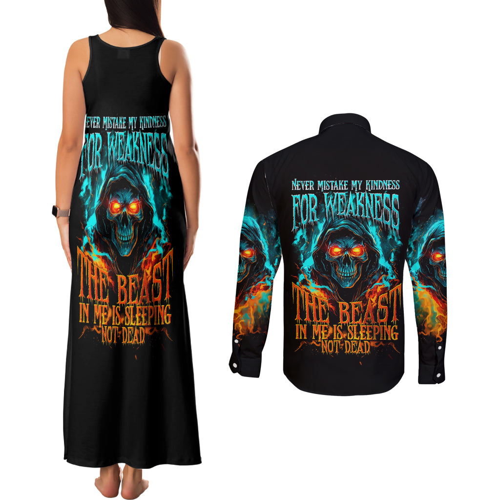 Flame Skull Couples Matching Tank Maxi Dress and Long Sleeve Button Shirt Never Mistake My Kindness For Weakness The Beast In Me Is Sleeping Noe Dead - Wonder Print Shop