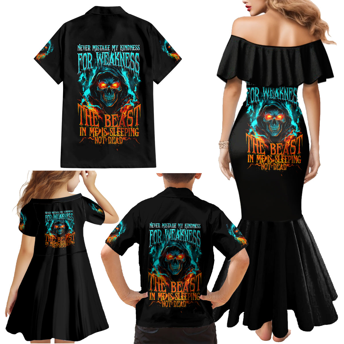 Flame Skull Family Matching Mermaid Dress and Hawaiian Shirt Never Mistake My Kindness For Weakness The Beast In Me Is Sleeping Noe Dead - Wonder Print Shop