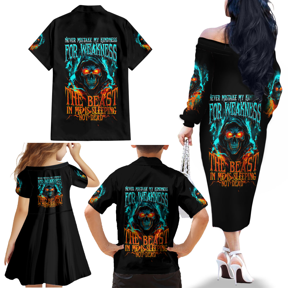 Flame Skull Family Matching Off Shoulder Long Sleeve Dress and Hawaiian Shirt Never Mistake My Kindness For Weakness The Beast In Me Is Sleeping Noe Dead - Wonder Print Shop