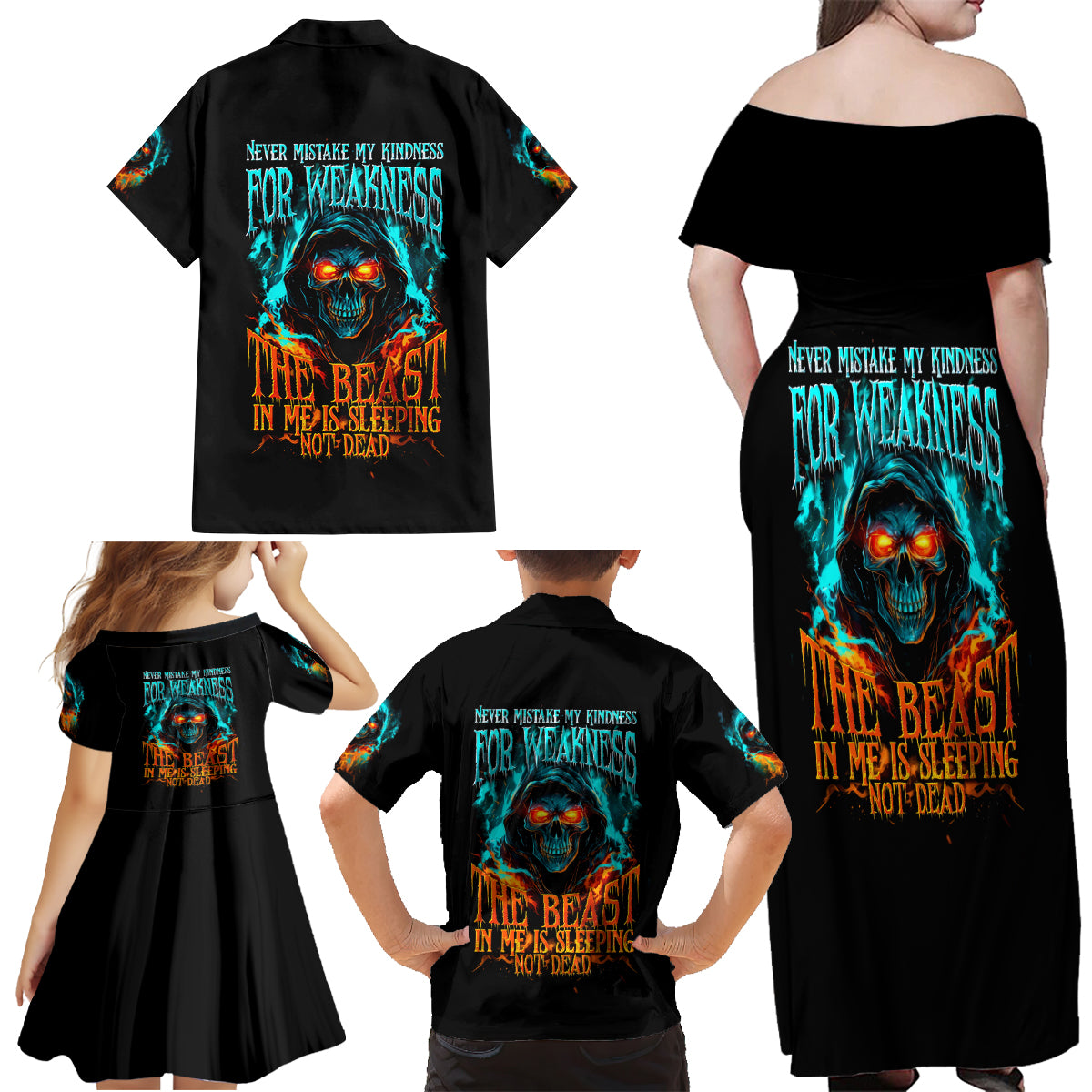 Flame Skull Family Matching Off Shoulder Maxi Dress and Hawaiian Shirt Never Mistake My Kindness For Weakness The Beast In Me Is Sleeping Noe Dead - Wonder Print Shop