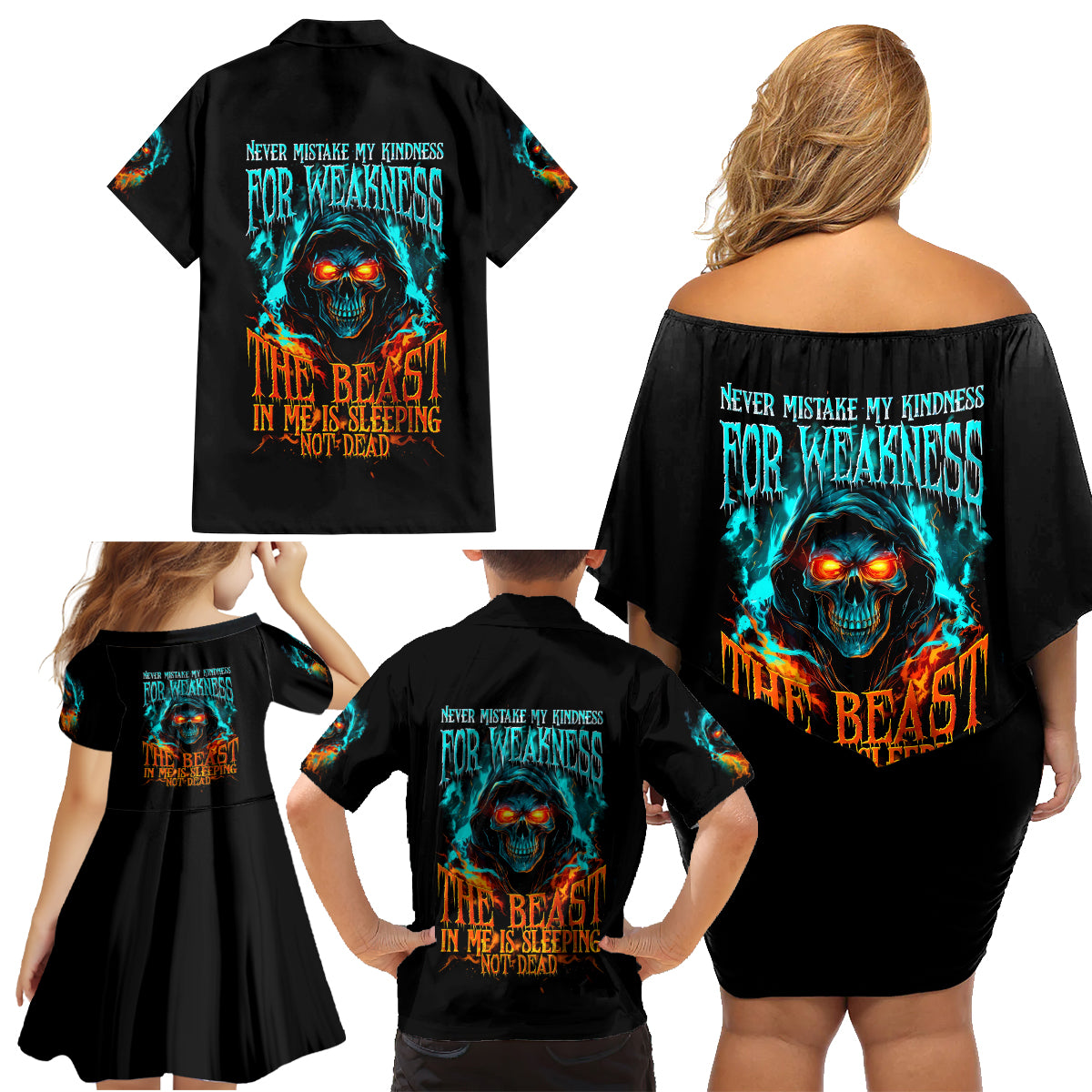 Flame Skull Family Matching Off Shoulder Short Dress and Hawaiian Shirt Never Mistake My Kindness For Weakness The Beast In Me Is Sleeping Noe Dead - Wonder Print Shop