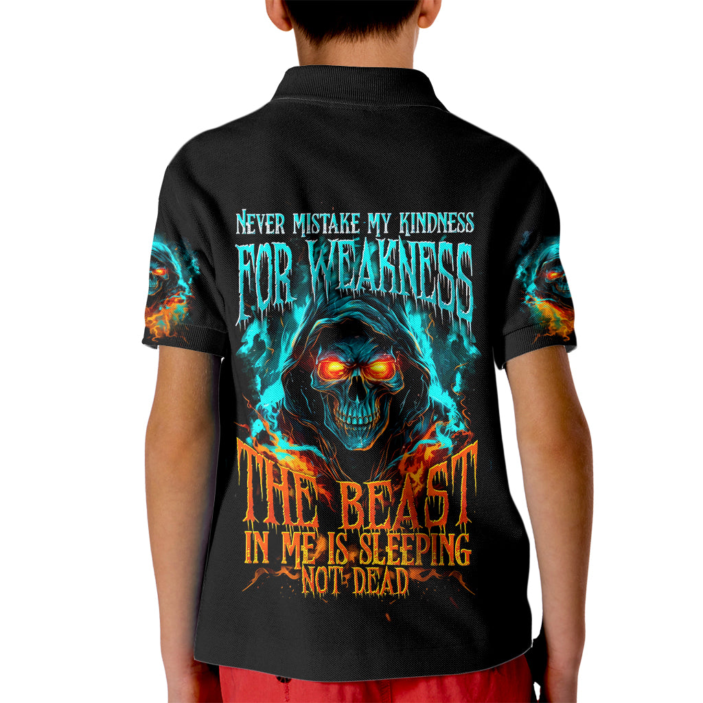 Flame Skull Kid Polo Shirt Never Mistake My Kindness For Weakness The Beast In Me Is Sleeping Noe Dead - Wonder Print Shop