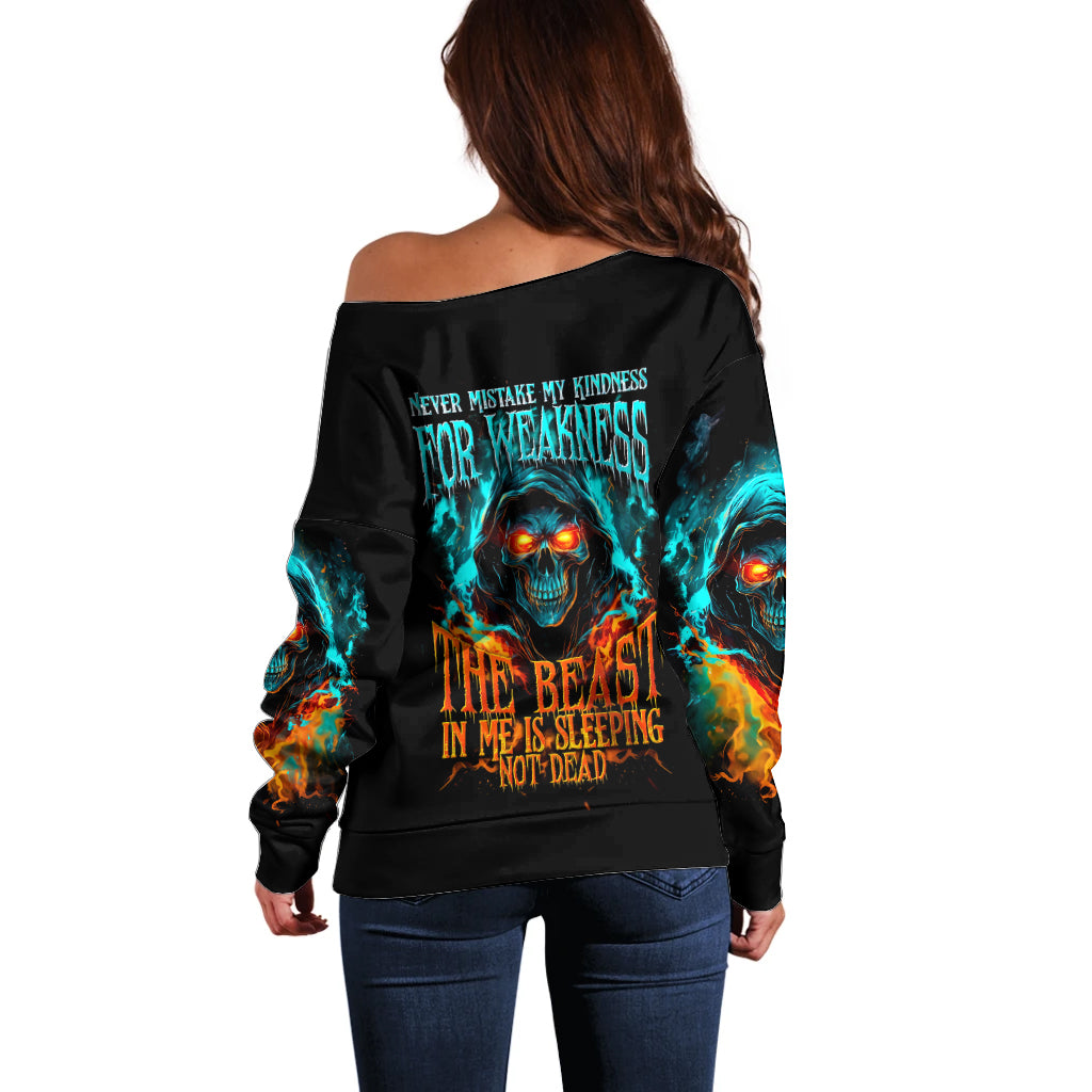 Flame Skull Off Shoulder Sweater Never Mistake My Kindness For Weakness The Beast In Me Is Sleeping Noe Dead - Wonder Print Shop