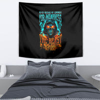 Black skull flame tapestry, full front view with glowing blue-orange skull